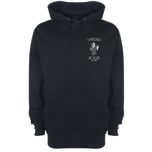 Amnesia House - Black Hoodie (Pullover) - White Front + Back Logo (Embroidered)