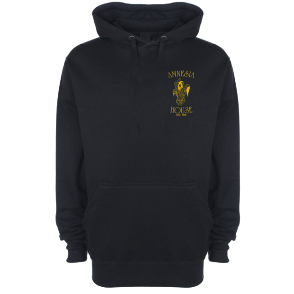 Amnesia House - Black Hoodie (Pullover) - Gold Front + Back Logo (Embroidered)